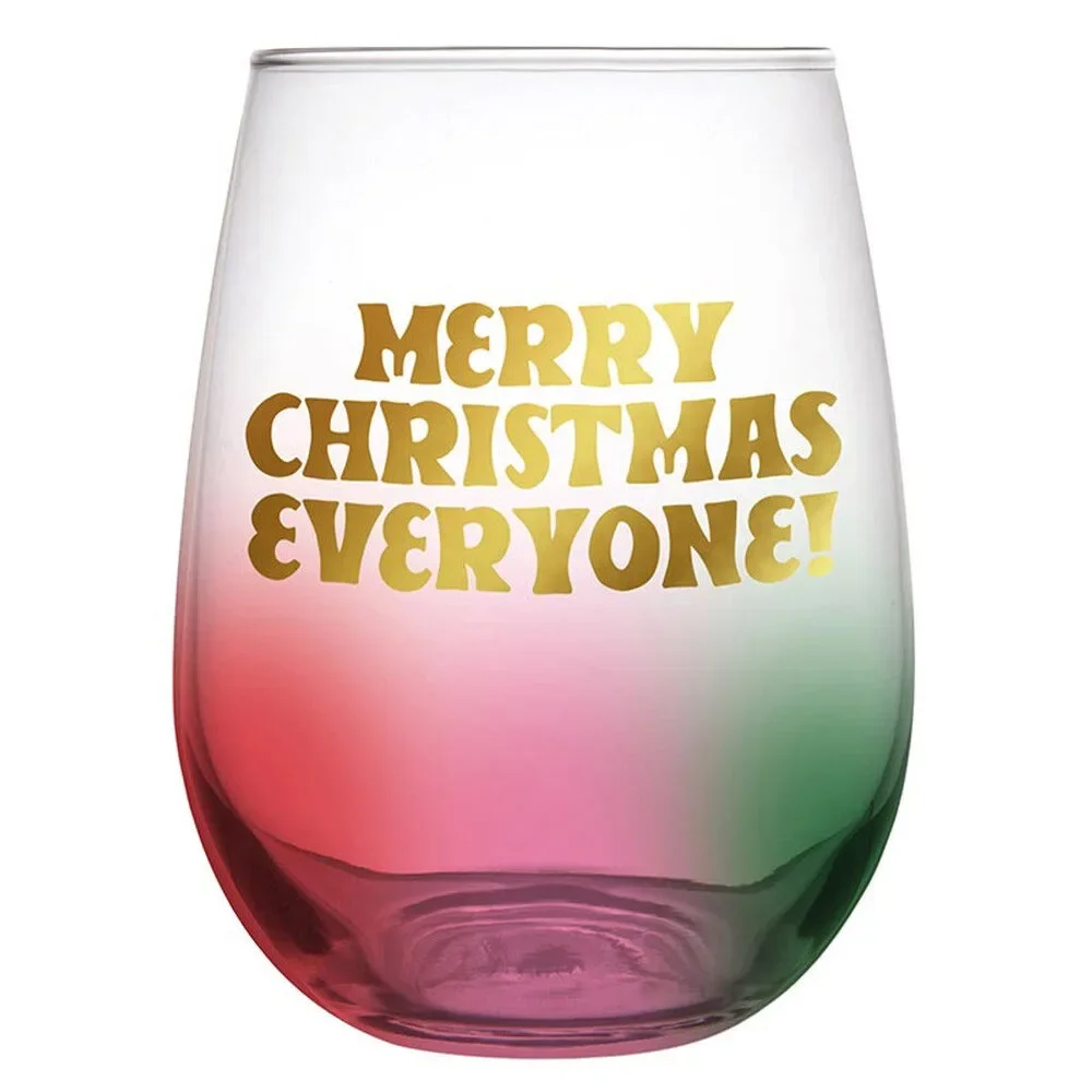 Merry Christmas Everyone Stemless Wine Glass in Multicolored Tinted Glass | Hol
